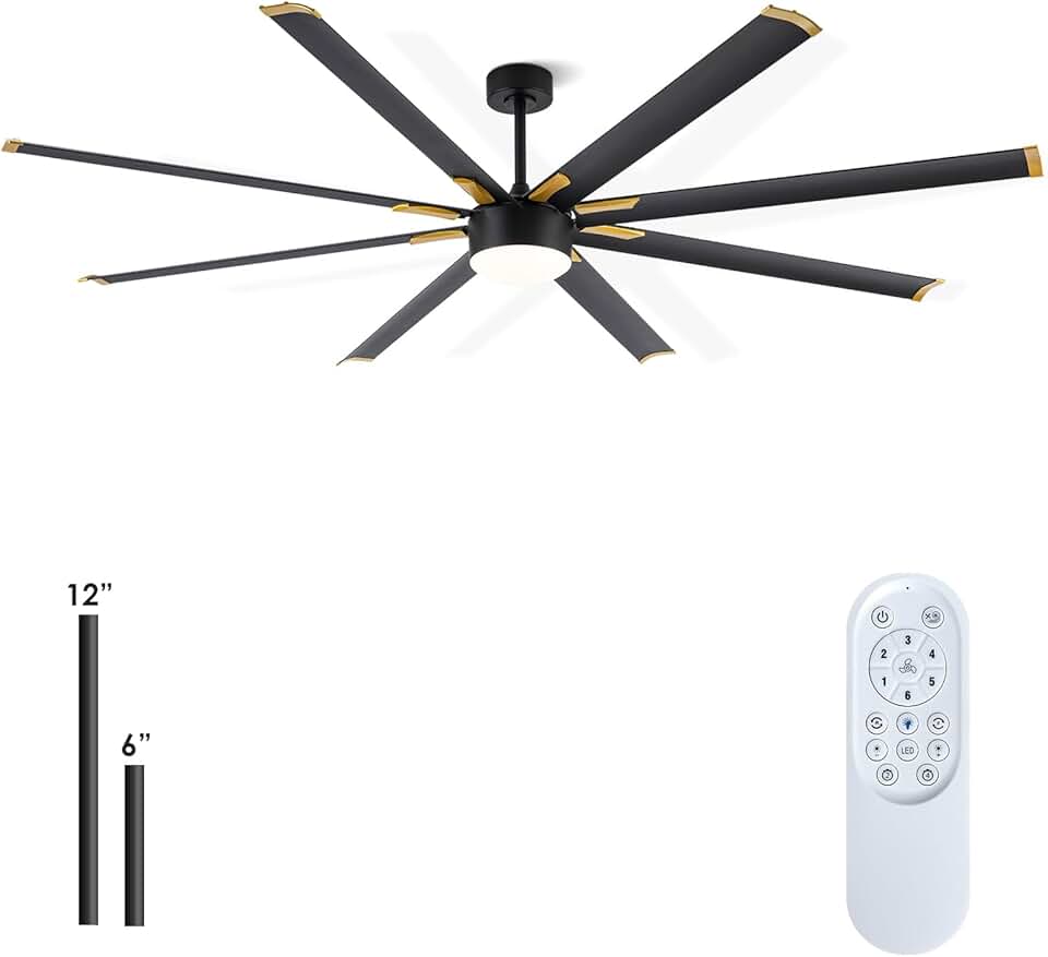84 Inch Industrial Ceiling Fan - Large Black and Gold Ceiling Fan with Light, Big Ceiling Fan with 8 Reversible Blades, 6-Speed Remote Control, Outdoor Ceiling Fan for Living Room/Garage/Shop