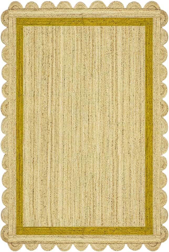 7' Square Rug Kilim Rug Scalloped Rug Beige & Yellow Pattern Braided Jute Rug Indoor Outdoor Rug Flatweave Rug High Traffic Area Bedroom Bedside Custom Mat Dining Table Doormat