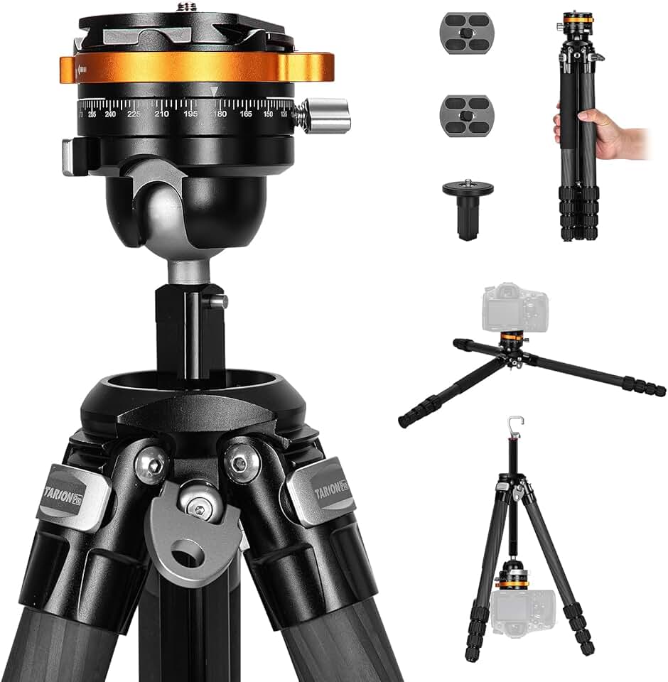 TARION Carbon Fiber Tripod for Camera: Compact Lightweight Travel Tripod, Bowl Tripod + Ball Head Unique Quickset System, 61in/155cm Professional Camera Tripod with Center Column 5-Section Legs QOBRA