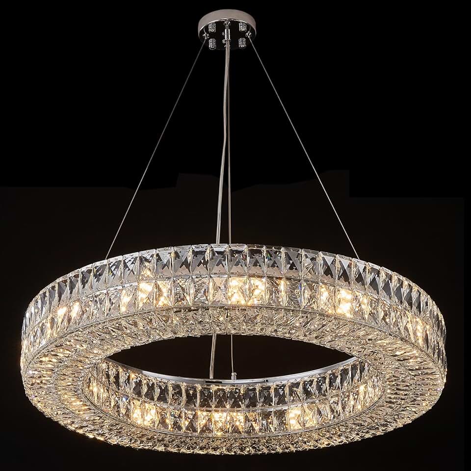 Homeooze12-Lights Ring Crystal Chandelier, Modern Chandeliers Lighting and Hanging Ring Adjustable, Ceiling Light Fixture for Living Room Dining Room Bedroom (Chrome, 32