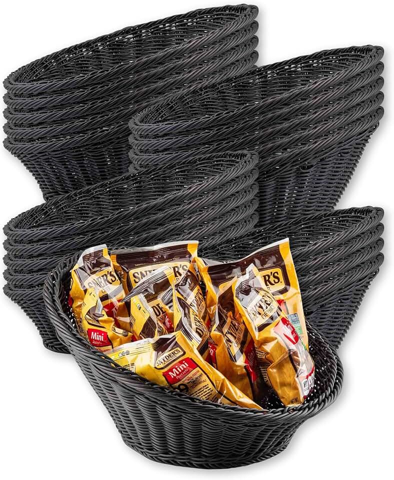 Tablecraft Handwoven Serving Baskets, Plastic Uneven, Tapered, Asymmetrical Round for Presentation, Display, Organization of Food, Bread Rolls, Foodservice Restaurant, 13.5 by 5.6, Black, Bulk 20 Pc