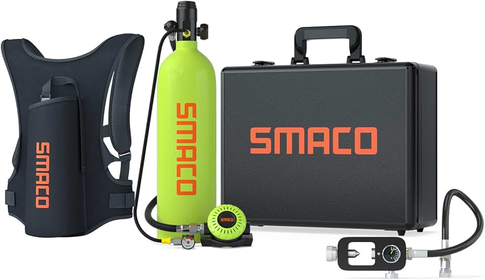 Mini Scuba tank 1.9L Capacity Diving Oxygen Tank Support About 25 Minutes Underwater Breathing Small Scuba Tank Kit with Portable Box SMACO S700 Scuba Cylinder for Underwater Entertainment/Diving Work