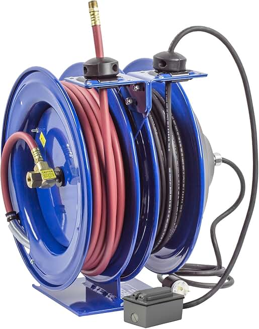 Coxreels C-L350-5016-F Dual Purpose Electric/Air Retractable Power Cord Reel - ⅜” Hose ID - 16 AWG - Heavy-Duty 50’ SJO Cord, 50’ PVC Hose and G.F.C.I. Receptacle Included - 300 PSI - Made in USA