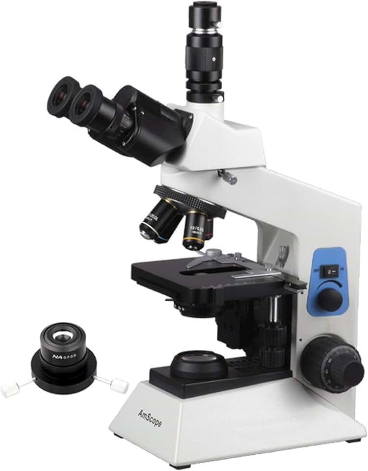 AmScope T580B-DK Professional Compound Trinocular Microscope, WF10x and WF20x High-Point Plan Eyepieces, 40X-2000X Magnification, Brightfield/Darkfield, Halogen Illumination, Abbe Condenser, Double-Layer Mechanical Stage, High-Contrast Optics, Anti-M