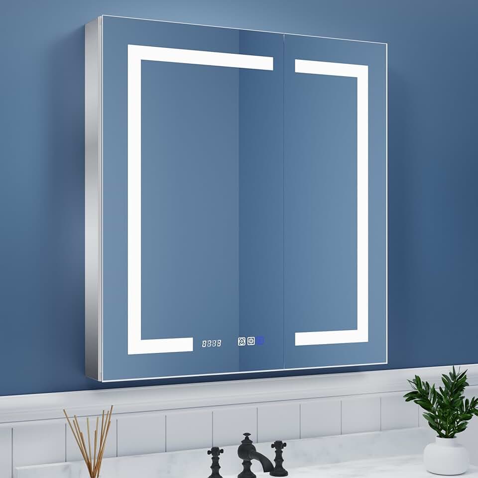 ExBrite LED Lighted Bathroom Medicine Cabinet with Mirror, 30 x 32 Inch, Recessed or Surface led Medicine Cabinet, Clock, Room Temp Display,Defog,Stepless Dimming,3-Color Temper Change, Outlets & USBs