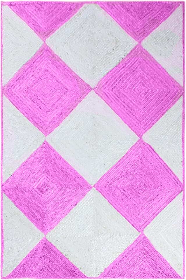 Kilim Rug 7' Square Rug Pink & White Pattern Braided Jute Rug Indoor Outdoor Rug Flatweave Rug High Traffic Area Bedroom Bedside Custom Mat Dining Table Doormat