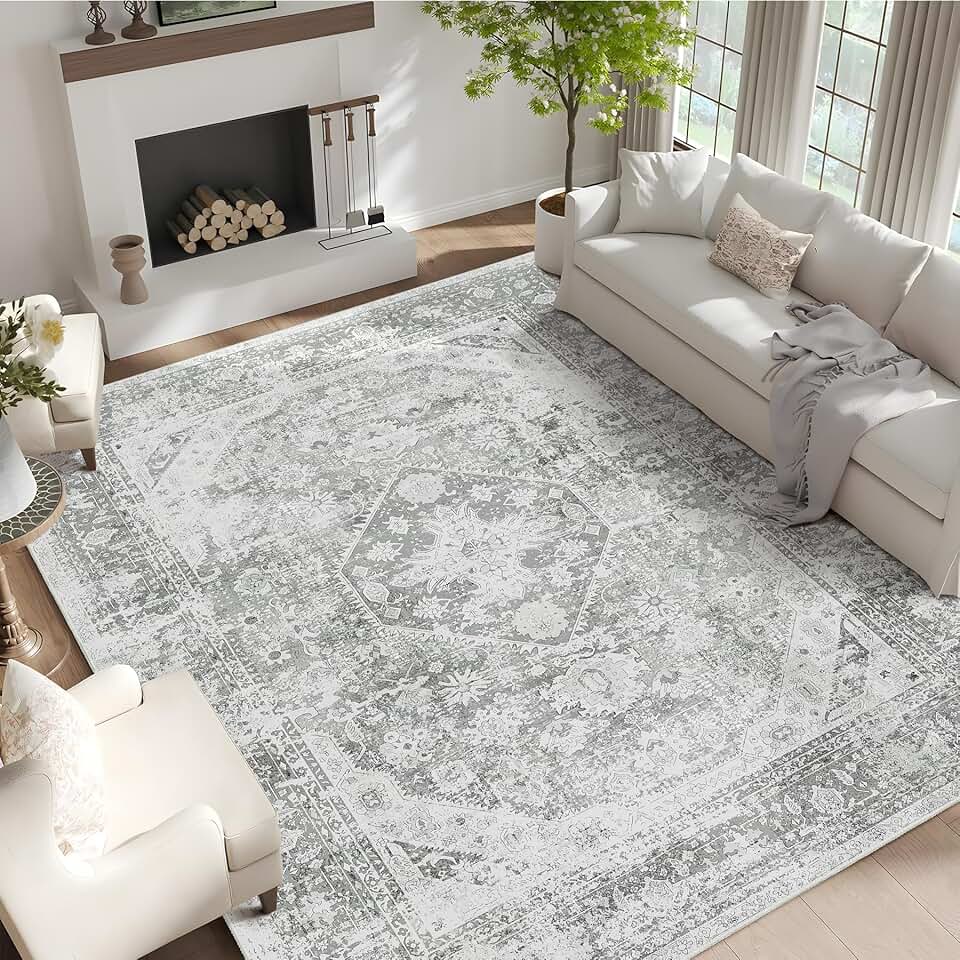 MUJOO 9x12 Area Rug Washable,Grey Rugs for Living Room Bedroom,Large Boho Rug Non Slip,Throw Carpet for Dining Room Floor Soft Vintage Gray and White Floral
