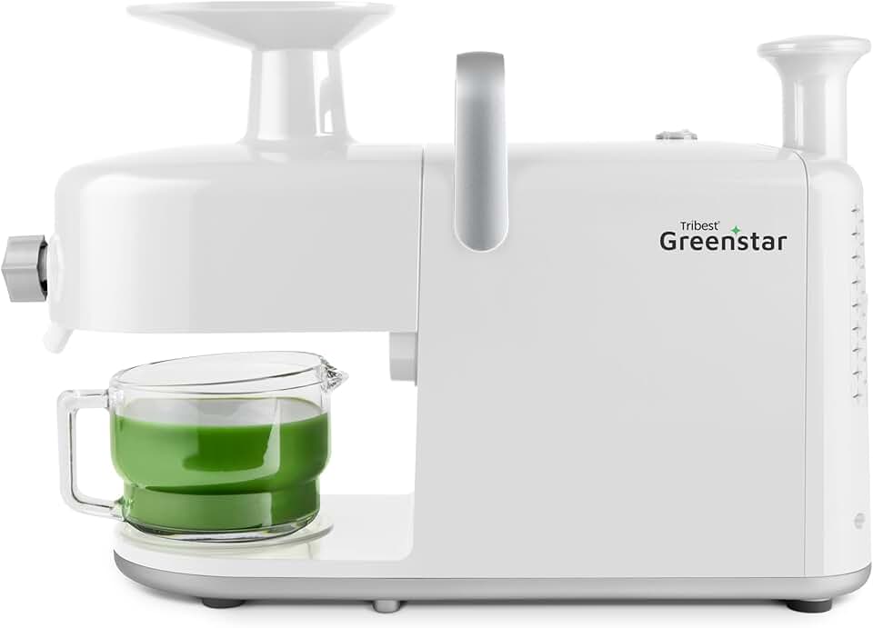 Tribest Greenstar 5 GS5 All Stainless Steel Twin Gear Cold Press Masticating Juicer with Easy Clean Housing, Screen Cleaning Tool and Glass Pitcher, White