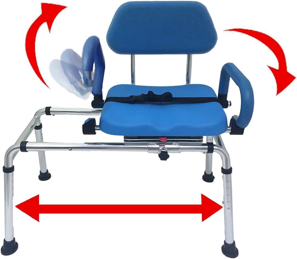 Carousel Sliding Shower Chair Tub Transfer Bench with Swivel Seat, Premium Padded, Pivoting Arms, Adjustable Space Saving Design for Tubs, Inside Shower, for Handicap & Seniors, Blue