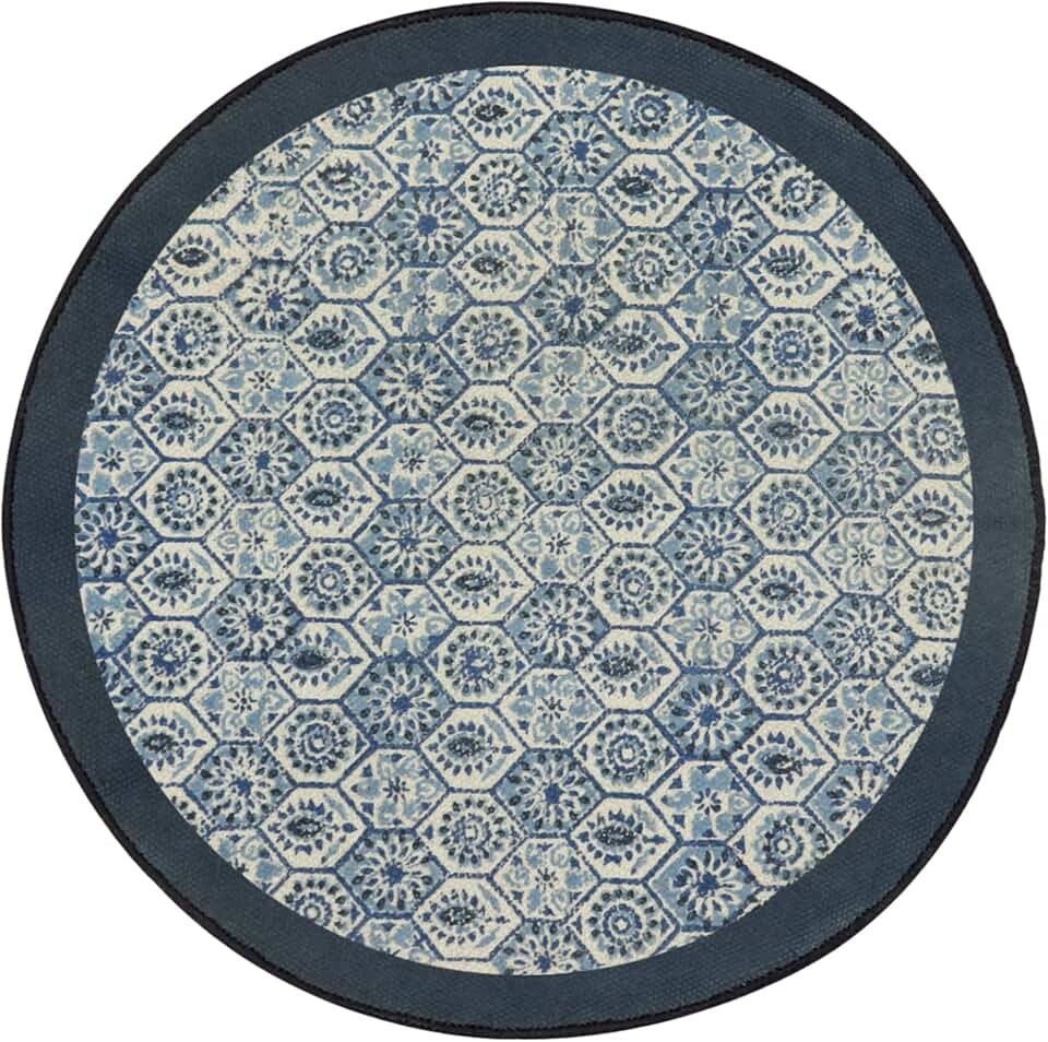 Collection Circle - 7' Round Blue & Beige Pattern Cotton Dhurrie Oriental Washable Throw Mat Kilim Rug Indoor Outdoor Use Carpet Flatweave Rugs for Dining Table Doormat Hall Room Decor