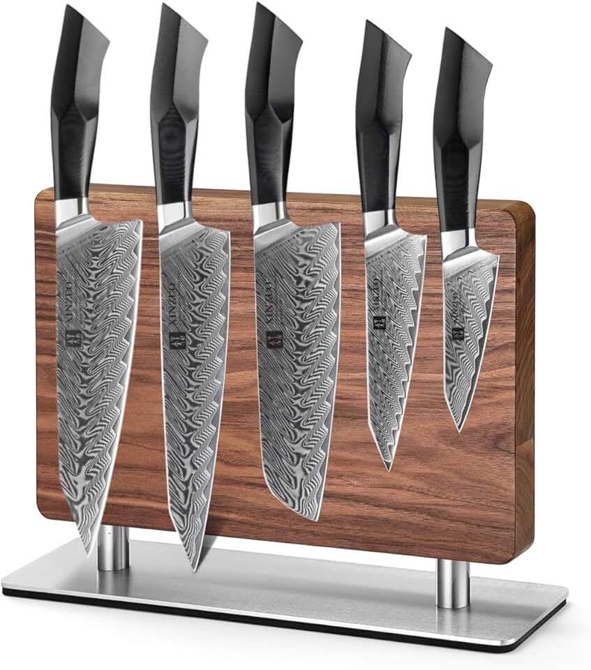XINZUO 5-piece Damuscus Kitchen Knife Set,67 Layer Hand Forged Damascus Steel Professional Chef Knife Set, Magnetic Knife Block,Natural Walnut Knife Holder Stand for Counter Top,with Strong Magnets