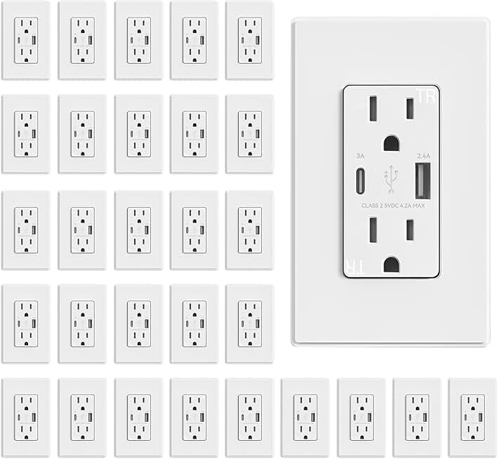 ELEGRP USB Charger Wall Outlet, USB Receptacle with USB A & USB C Ports, 15 Amp Duplex Tamper Resistant Receptacle Plug NEMA 5-15R, Wall Plate Included, UL Listed, 30 Pack, Matte White