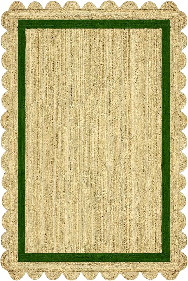 7' Square Rug Kilim Rug Scalloped Rug Beige & Green Pattern Braided Jute Rug Indoor Outdoor Rug Flatweave Rug High Traffic Area Bedroom Bedside Custom Mat Dining Table Doormat