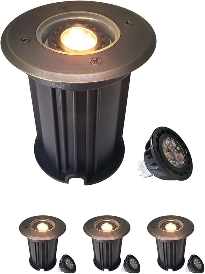 Brass Top Cover Landscape Well Lights, 12V Low Voltage Outdoor In Ground Lights,Landscape Lighting for Pathway, Driveway and Garden (Open Top, 4-Pack with Bulb)