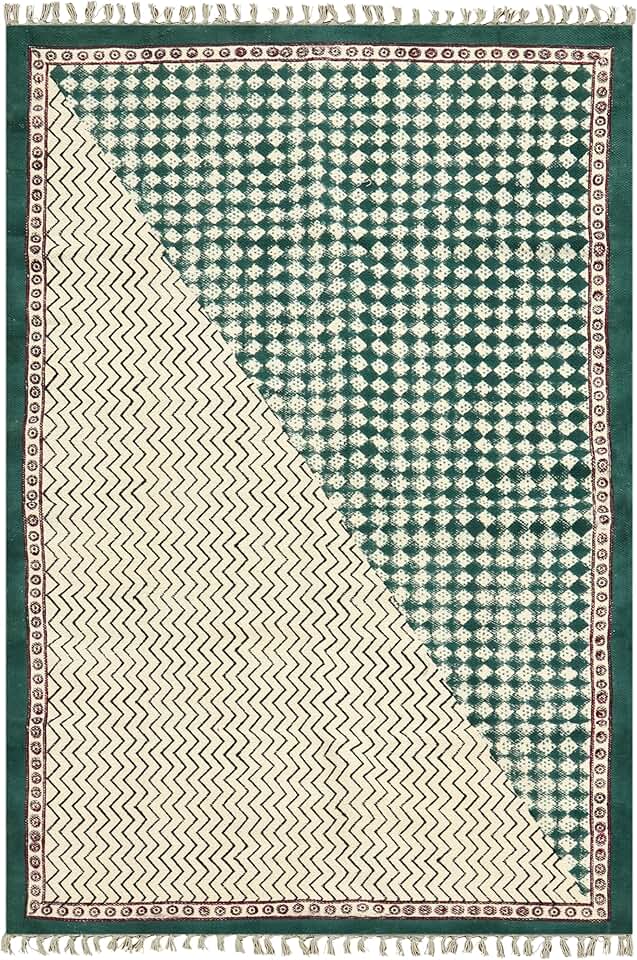 Collection Square - 7x7 Area Rug Green & Beige Pattern Cotton Dhurrie Geometric Kilim Rug Indoor Outdoor Use Carpet Flatweave Rugs for Bedroom Bedside Mat Dining Table Mat & Hall