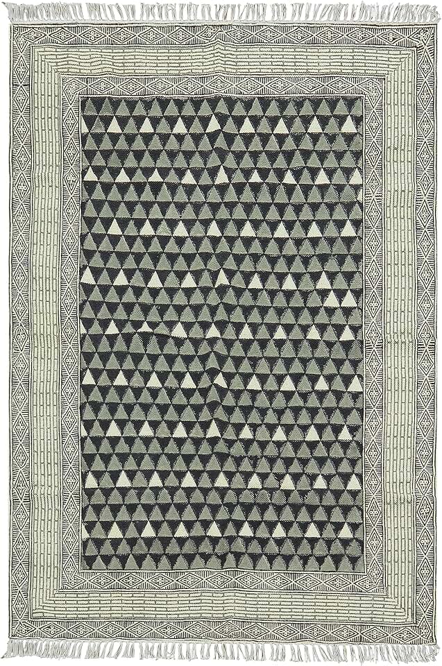 Collection Square - Area Rug 7x7 Black & Grey Pattern Cotton Dhurrie Geometric Kilim Rug Indoor Outdoor Use Carpet Flatweave Rugs for Bedroom Bedside Mat Dining Table Mat & Hall