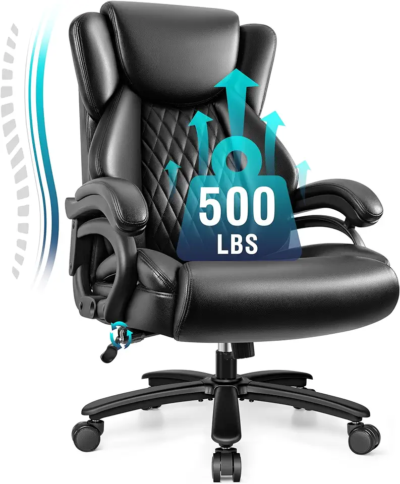 Big and Tall Office Chair 500lbs, Heavy Duty Executive Desk Chair with Adjustable Lumbar Support, Comfy Padded Cushion, Ergonomic PU Leather Home Computer Chair with Extra Wide Seat, Black