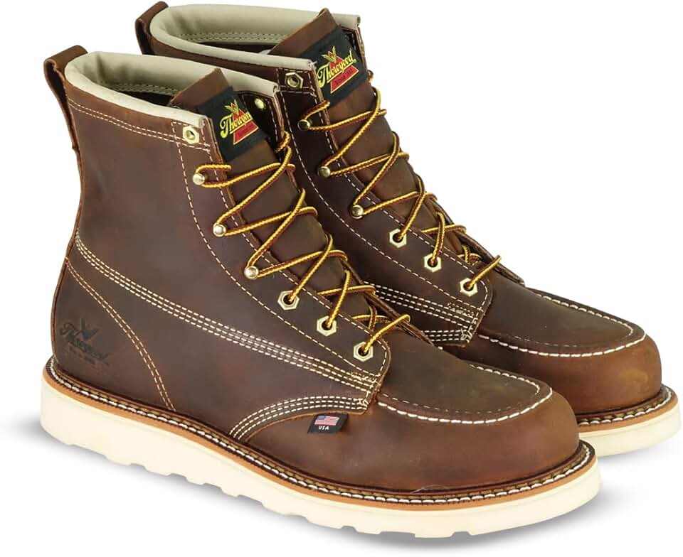 Thorogood American Heritage 6” Steel Toe Work Boots for Men - Full-Grain Leather with Moc Toe, Slip-Resistant Wedge Outsole, and Comfort Insole; EH Rated, Crazyhorse - 14-D