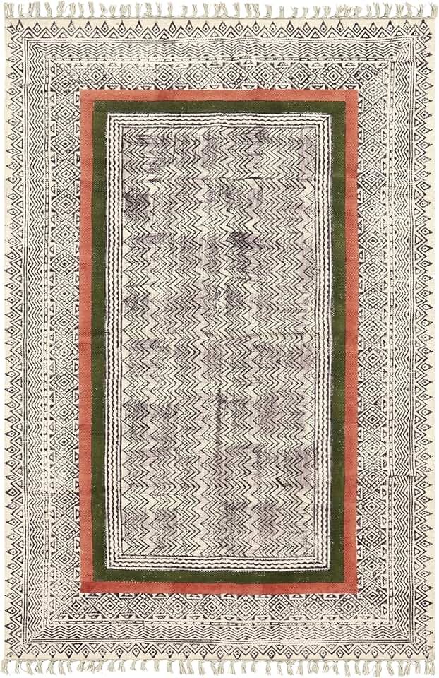 Collection Square - Area Rug 7x7 Green & Brown Pattern Cotton Dhurrie Geometric Kilim Rug Indoor Outdoor Use Carpet Flatweave Rugs for Bedroom Bedside Mat Dining Table Mat & Hall