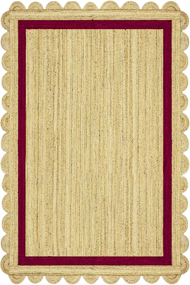 7' Square Rug Kilim Rug Scalloped Rug Beige & Maroon Pattern Braided Jute Rug Indoor Outdoor Rug Flatweave Rug High Traffic Area Bedroom Bedside Custom Mat Dining Table Doormat