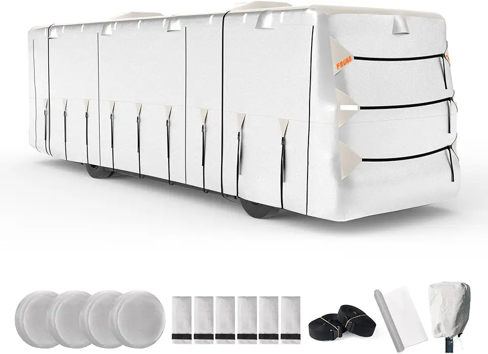 Oxford Cloth Class A RV Cover Fits 40'-43' Waterproof Rip-Resistant Anti-UV Motorhome Camper Cover for Winter Snow with Jack Cover 4 Tire Covers and Gutter Covers