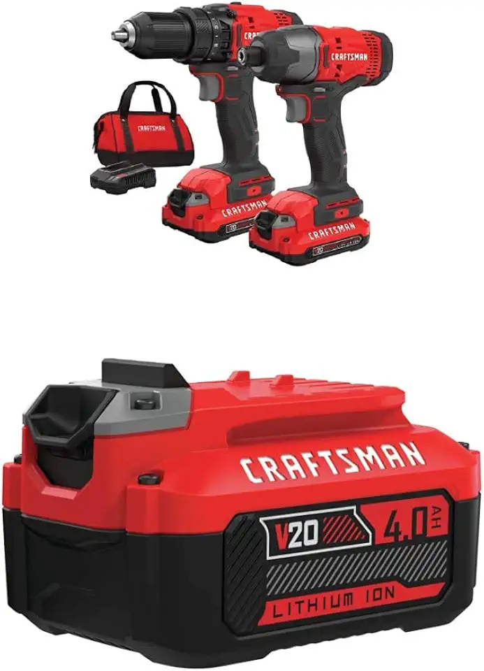 CRAFTSMAN V20 MAX Cordless Drill and Impact Driver, Power Tool Combo Kit with 2 Batteries and Charger (CMCK200C2) & (1) V20 Lithium Ion Battery, 4.0-Amp Hour (CMCB204)