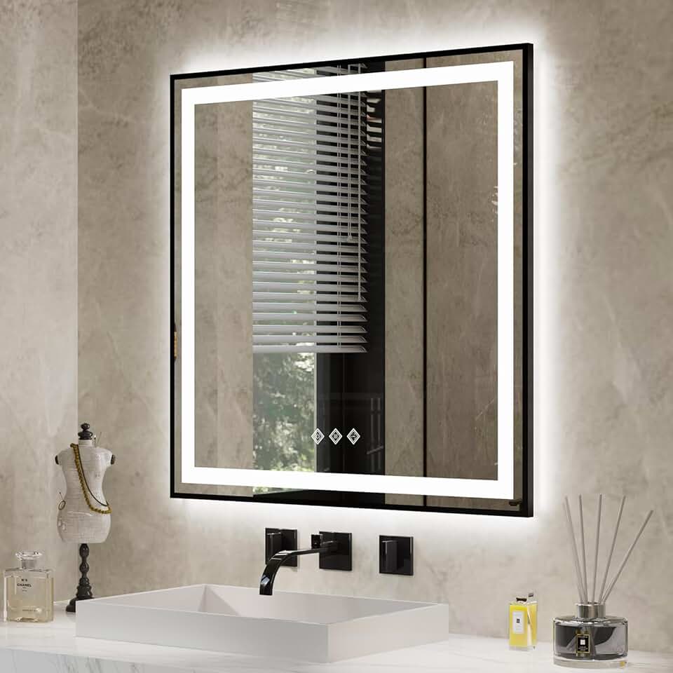 LED Mirror for Bathroom, 32x32 Inch Black Framed Gradient Front and Backlit Lighted Bathroom Mirror, 3 Colors Dimmable CRI>90, Enhanced Anti-Fog Wall Mounted LED Bathroom Mirror