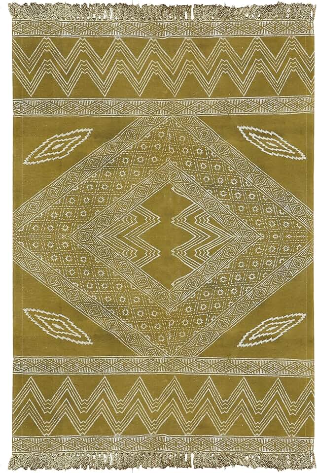 Collection Square - 7x7 Area Rug Green & Beige Pattern Cotton Dhurrie Geometric Kilim Rug Indoor Outdoor Use Carpet Flatweave Rugs for Bedroom Bedside Mat Dining Table Mat & Hall