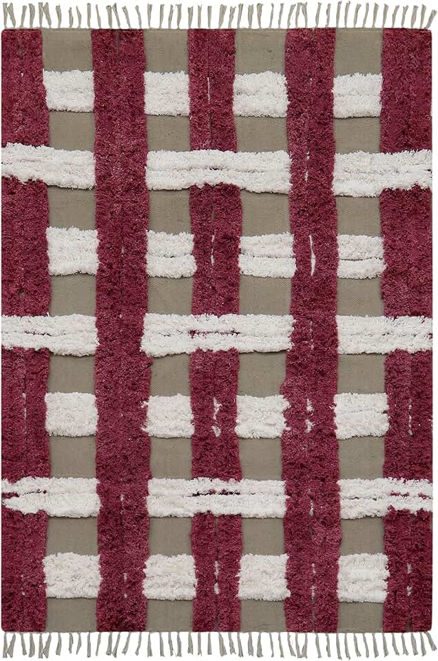 Collection Square - Area Rug 7x7 Red & Black Pattern Cotton Dhurrie Geometric Kilim Rug Indoor Outdoor Use Carpet Flatweave Rugs for Bedroom Bedside Mat Dining Table Mat & Hall