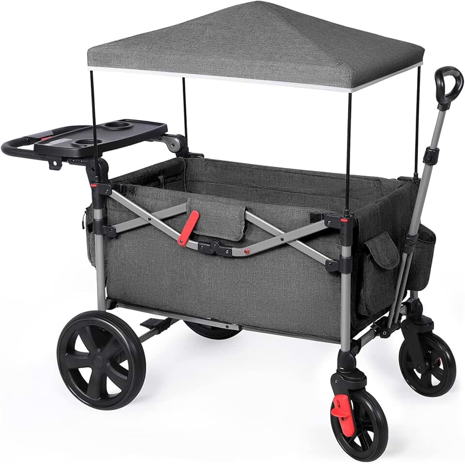 EVER ADVANCED Foldable Wagons for Two Kids & Cargo, Collapsible Folding Wagon Stroller with Adjustable Handle Bar,Removable Canopy with 5-Point Harness,Black