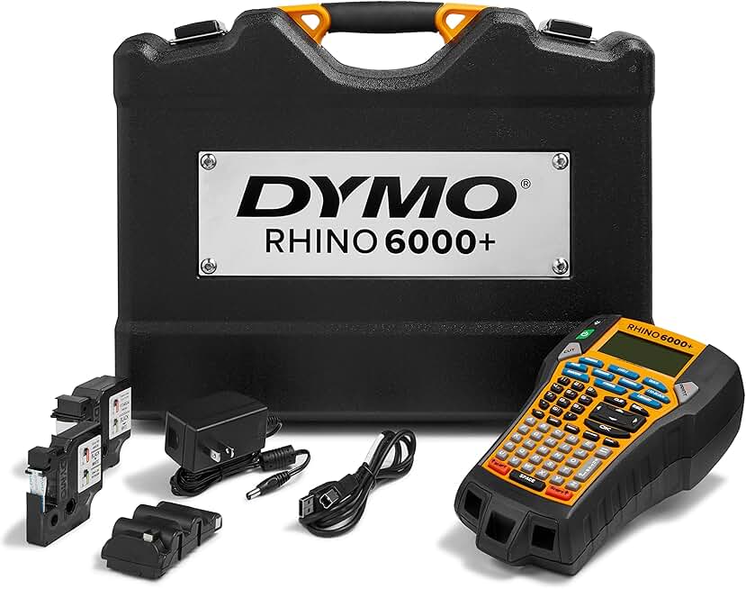 DYMO® Rhino™ 6000 Industrial Label Maker, Computer Connected Label Maker with Hard Carry Case, 1 Vinyl Tape Cassette, 1 Flexible Nylon Tape Cassette and Rechargeable Lithium Ion Battery