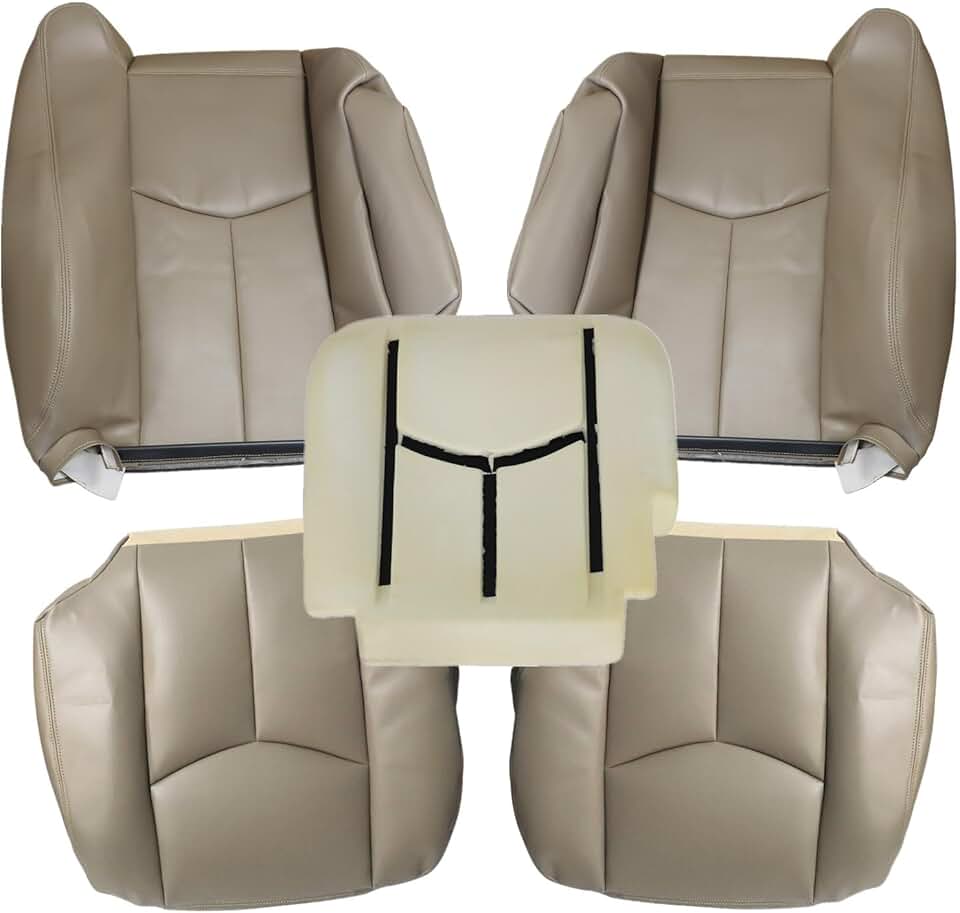 Front Boths Bottom & Back Replacement Seat Covers & Driver Bottom Foam Cushion Compatible with Chevy Silverado Avalanche GMC Sierra 2003-2007, Medium Neutral Tan 522 Microfiber Leather