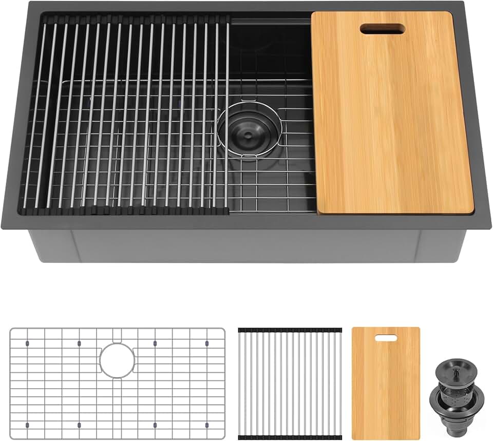 32-Inch Gunmetal Black Undermount Kitchen Sink Workstation - Delironexu 16 Gauge Stainless Steel Deep Single Bowl Kitchen Sinks 32x19x9, Includes Accessories (Pack of 4)