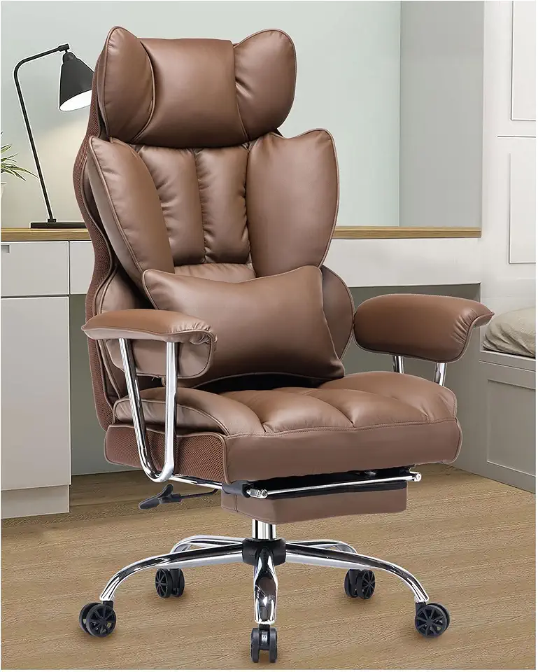 Efomao Desk Office Chair 400LBS, Big and Tall Office Chair, PU Leather Computer Chair, Executive Office Chair with Leg Rest and Lumbar Support, Brown Office Chair