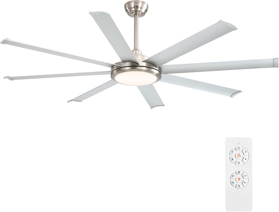 WINGBO 80 Inch Industrial DC Ceiling Fan with Lights and Remote, Brushed Nickel and Silver Ceiling Fan, 8 Aluminum Blades, 6-Speed Reversible DC Motor, Large Ceiling Fan for Commercial and Residential