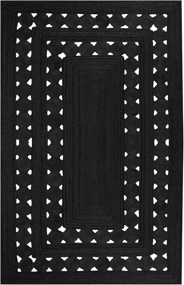 Kilim Rug 7' Square Rug Black Pattern Braided Jute Rug Indoor Outdoor Rug Flatweave Rug High Traffic Area Bedroom Bedside Custom Mat Dining Table Doormat