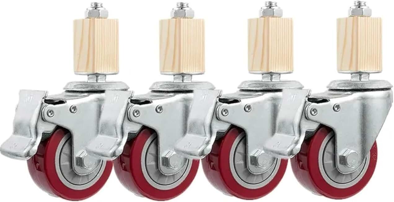 PONNYC 3 Inch Caster 30mm Square Tube Stainless Steel Furniture Leg Iron with Brake Universal Wheel 4Pcs, Red