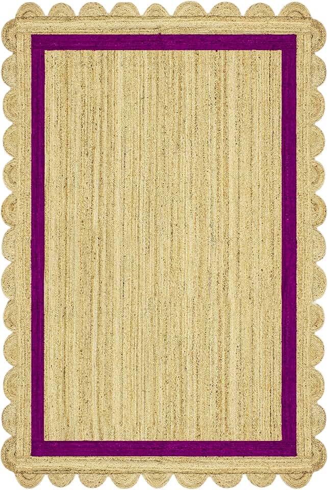 7' Square Rug Kilim Rug Scalloped Rug Beige & Purple Pattern Braided Jute Rug Indoor Outdoor Rug Flatweave Rug High Traffic Area Bedroom Bedside Custom Mat Dining Table Doormat