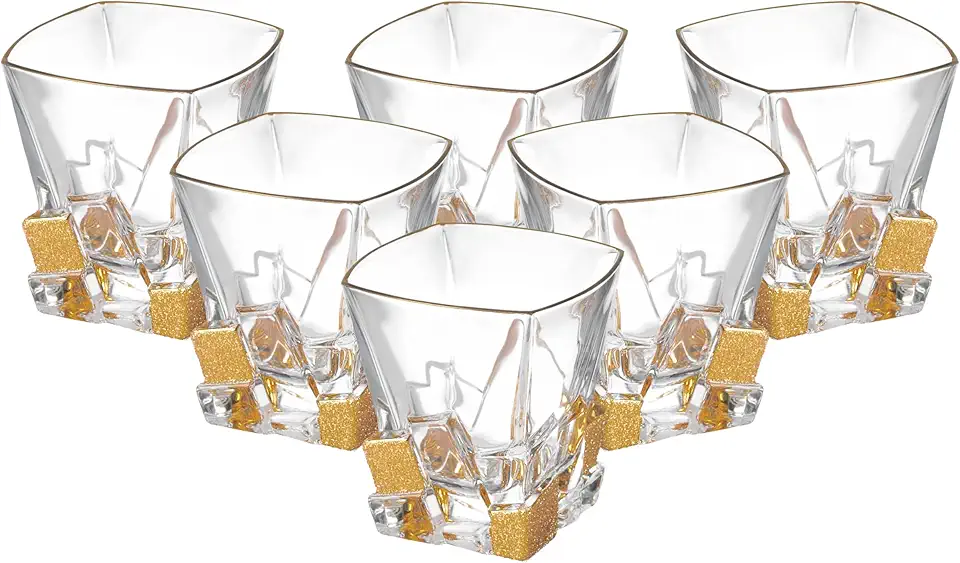 Barski - European Quality Glass - Crystal - Set of 6 - Square Shaped - Double Old Fashioned Tumblers - DOF - Tumbler is 11.7 oz. - with Matte Gold Ice Cubes Design - Glasses are Made in Europe
