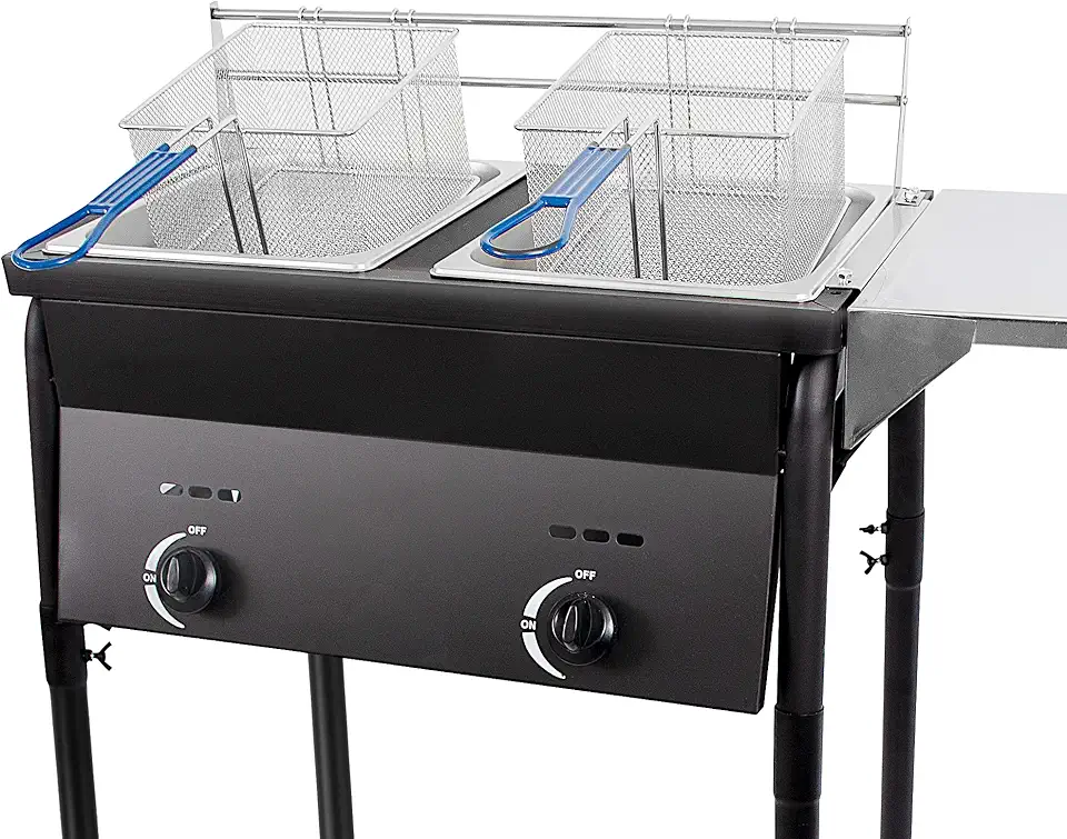 Cast Iron Black Deep Fryer | Two Tank Outdoor Propane Deep Fryer With 2 Stainless Steel Baskets & Lids | Adjustable Temperature Gas Fryer With Regulating Knobs | Large Oil Tanks Capacity