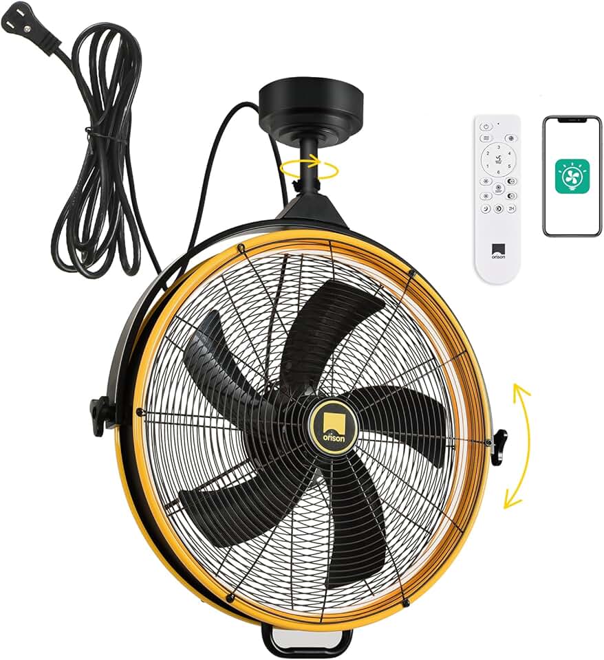 Orison 24.8'' Outdoor/Indoor Garage Ceiling Fan, 6 Speed Ceiling Mounted Plug-In Cord Garage Fan with Remote&APP, Manual Vertical Rotation, Hook hanging for Gazebo, Patio, Yellow
