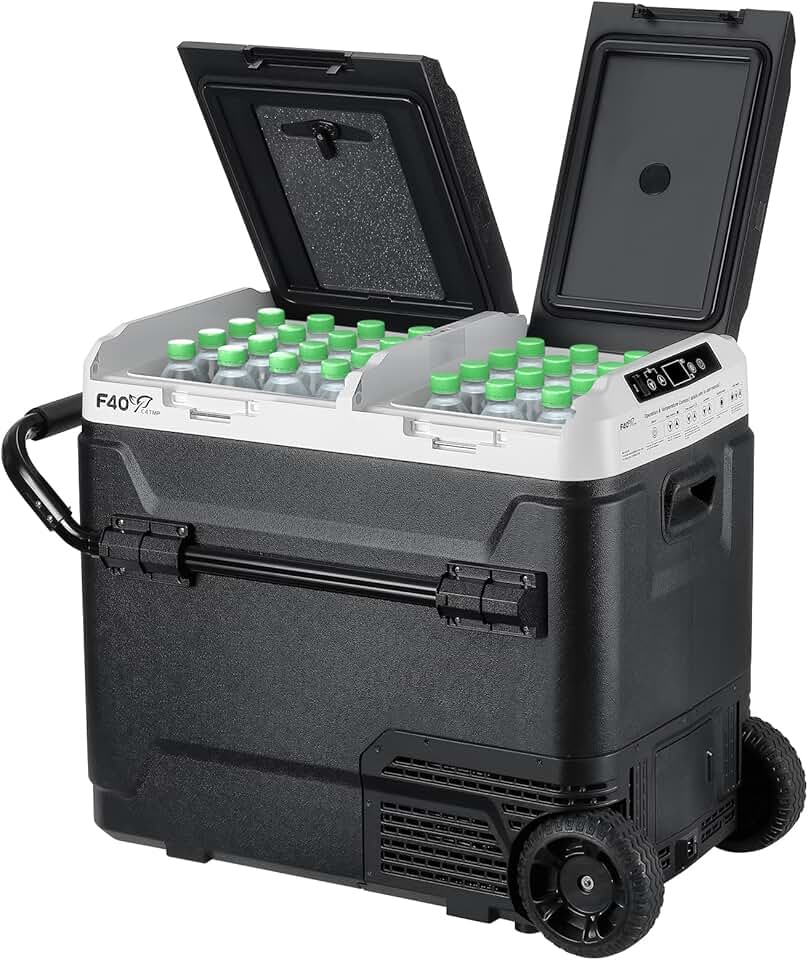 12 Volt Portable Refrigerator, 64 Quart Dual Zone Car Freezer, Independent Temp Control(-4℉~68℉), 61L Compressor Fridge, Wheels & 2 Baskets for Camping, Travel, Road Trip, 12V/24V DC&110V AC