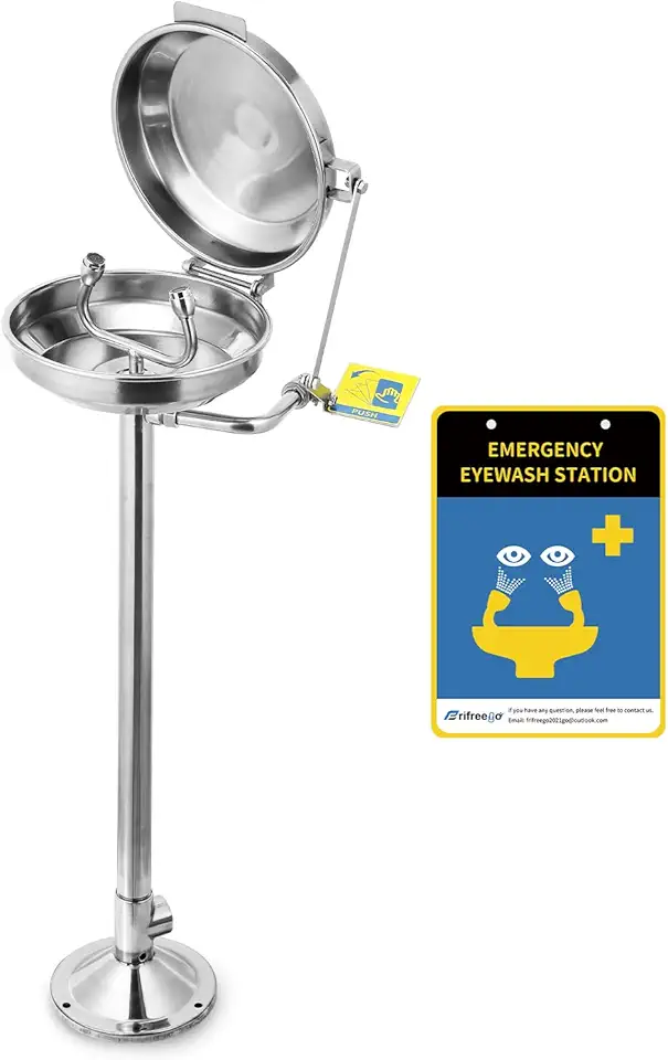 Eye Wash Station with Lid, Emergency Eyewash Station Pedestal Mounted Eye Washing Station for Worksite Shop Factory Lab, Stainless Steel, with Free Eye wash Station Sign