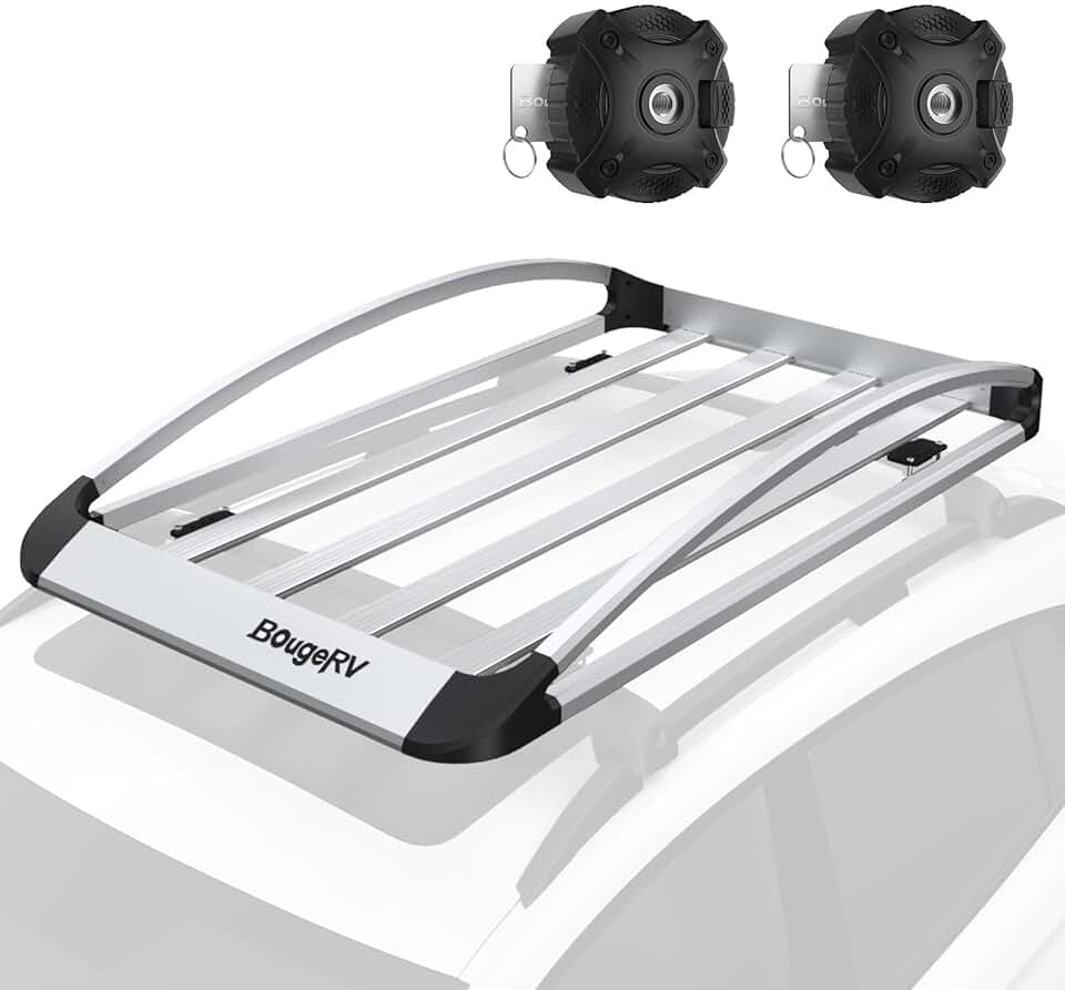 64''x40''x8'' Silver Anti-Rust Aluminum Roof Basket with 2 Pieces BougeRV M6 Versatile Locking Knob Universal Star Knob Female Screw-On Type Thru Threaded Nut Hand Tighten Clamping Knobs