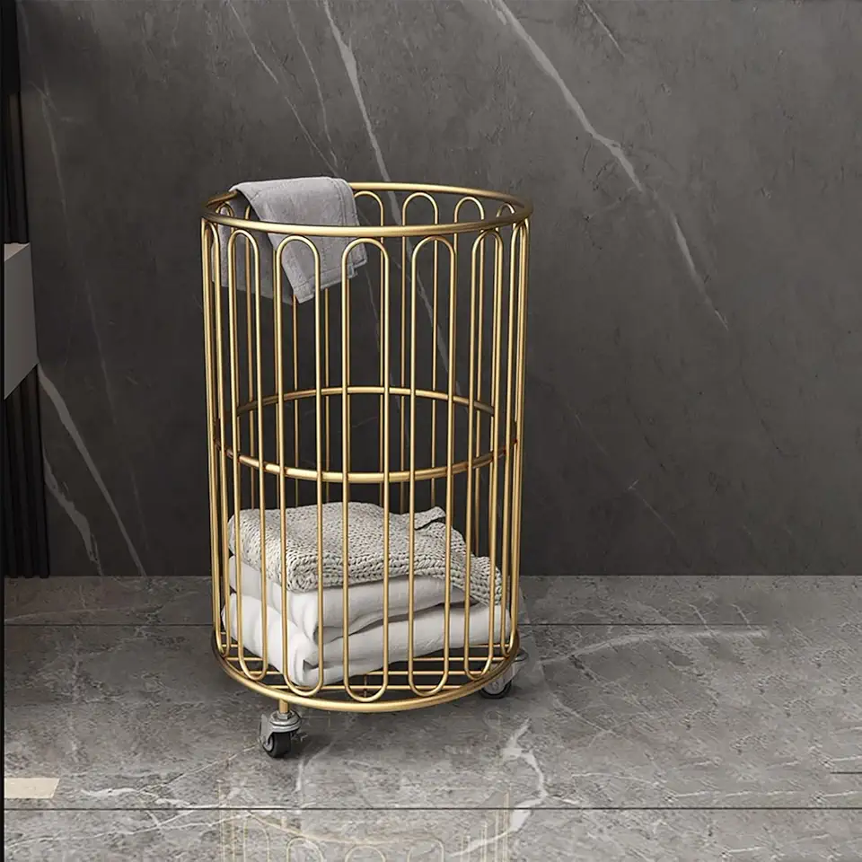 Metal Rolling Laundry Basket Cart with Wheels, Gold Hamper Metal Basket, Yoga Mat Storage Rack, Wire Laundry Basket, Iron Bathroom Dirty Clothes Toy Storage