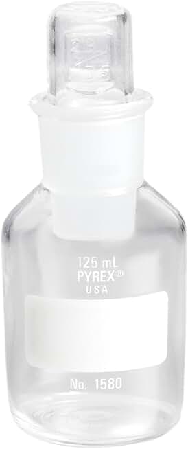 Corning Pyrex 1580-125 Borosilicate Glass Cylindrical 125mL Wide Mouth Water Sample and Storage Reagent Bottle with PYREX Standard Taper Stopper (Case of 24)