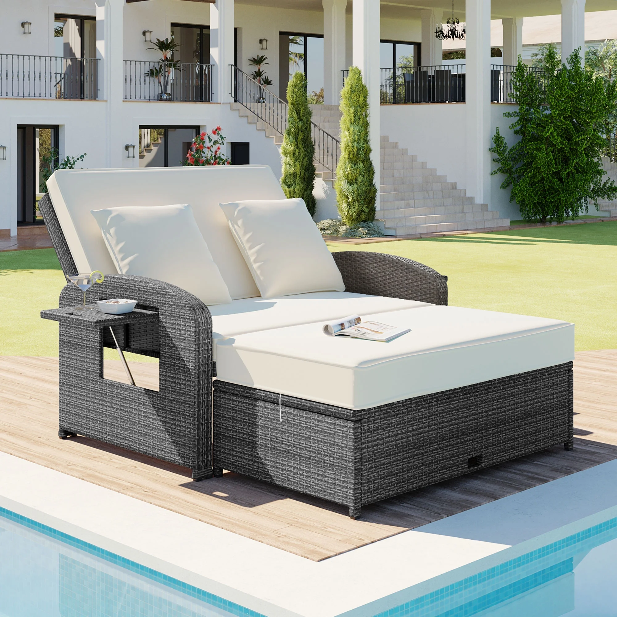 Outdoor Rattan Double Chaise Lounge, 2-Person Reclining Sunbed with 3 Adjustable Back and Footrest, All Weather Wicker Reclining Conversations Set with Foldable Side Table and Protection Cover, White
