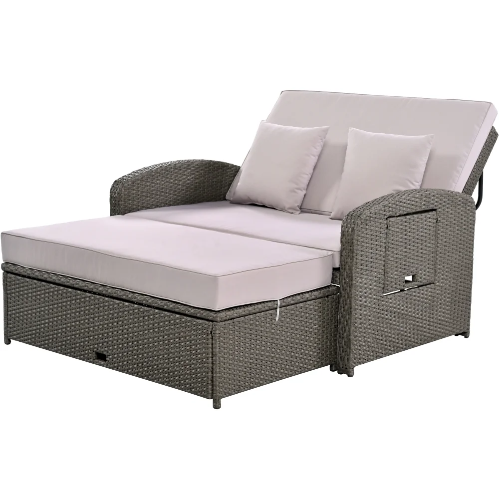 Outdoor Daybed, PE Wicker Rattan Double Chaise Lounge, 2-Person Reclining Sunbed with 3-Height Adjustable Back, Outdoor Patio Furniture Protection Cover, Gray