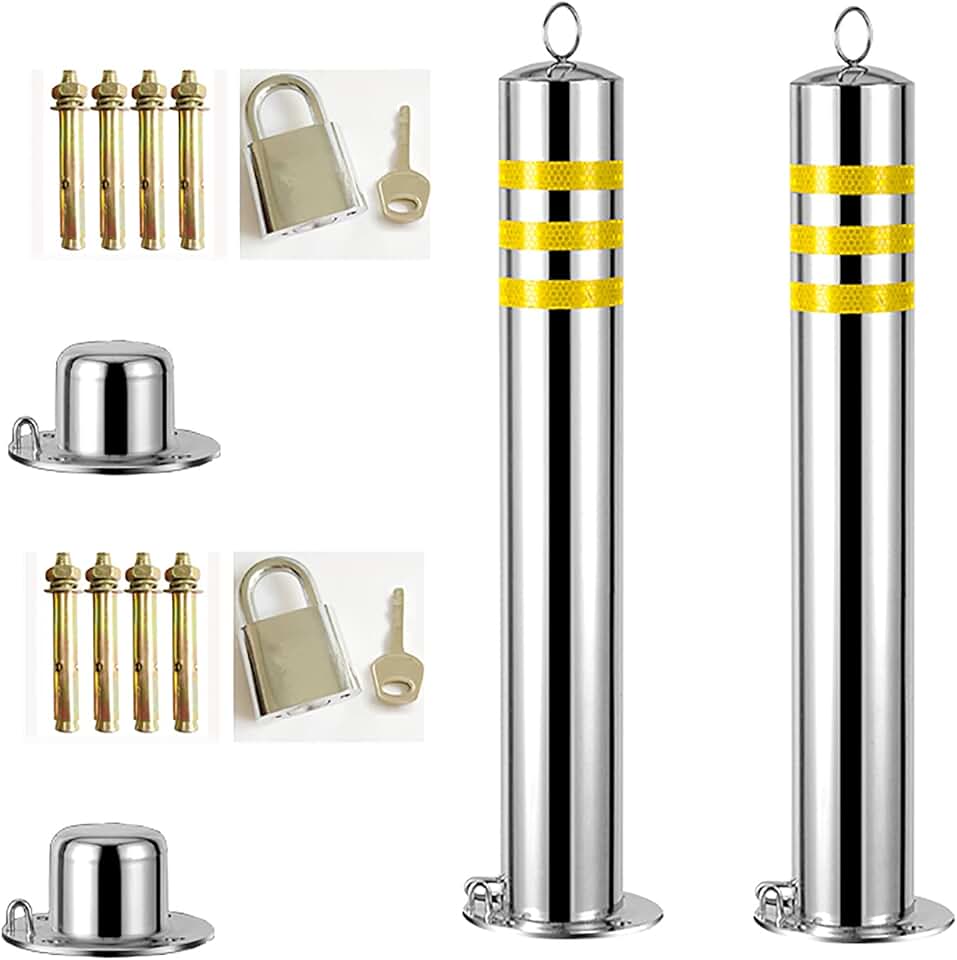 Parking Barrier Pack of 2 Reflective Parking Bollards with Chain Lockable Parking Barrier, Stainless Steel Parking Post (800×76mm/31.5×3in) ()