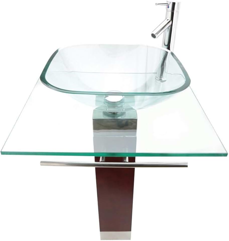 Renovators Supply - Bohemia Modern Glass Bathroom Pedestal Sink Combo, Crystal Clear Tempered Glass Countertop Bathroom Vanity Vessel Sink - Chrome Faucet - Drain, Towel Bar and Wood Pedestal